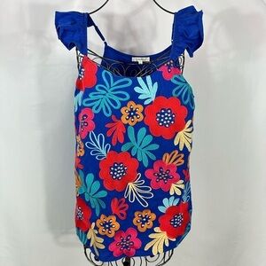 Andree by Unit blue floral embroidered flutter sleeve tank size L